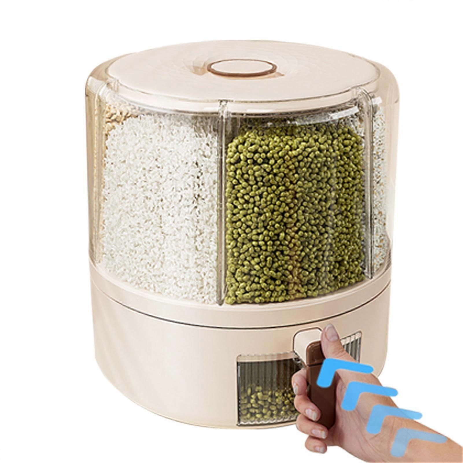 Rice Storage Dispenser 360 Degree Rotating MultiGrid Bucket, Airtight Dry Food Container, Creamy White Small Pantry