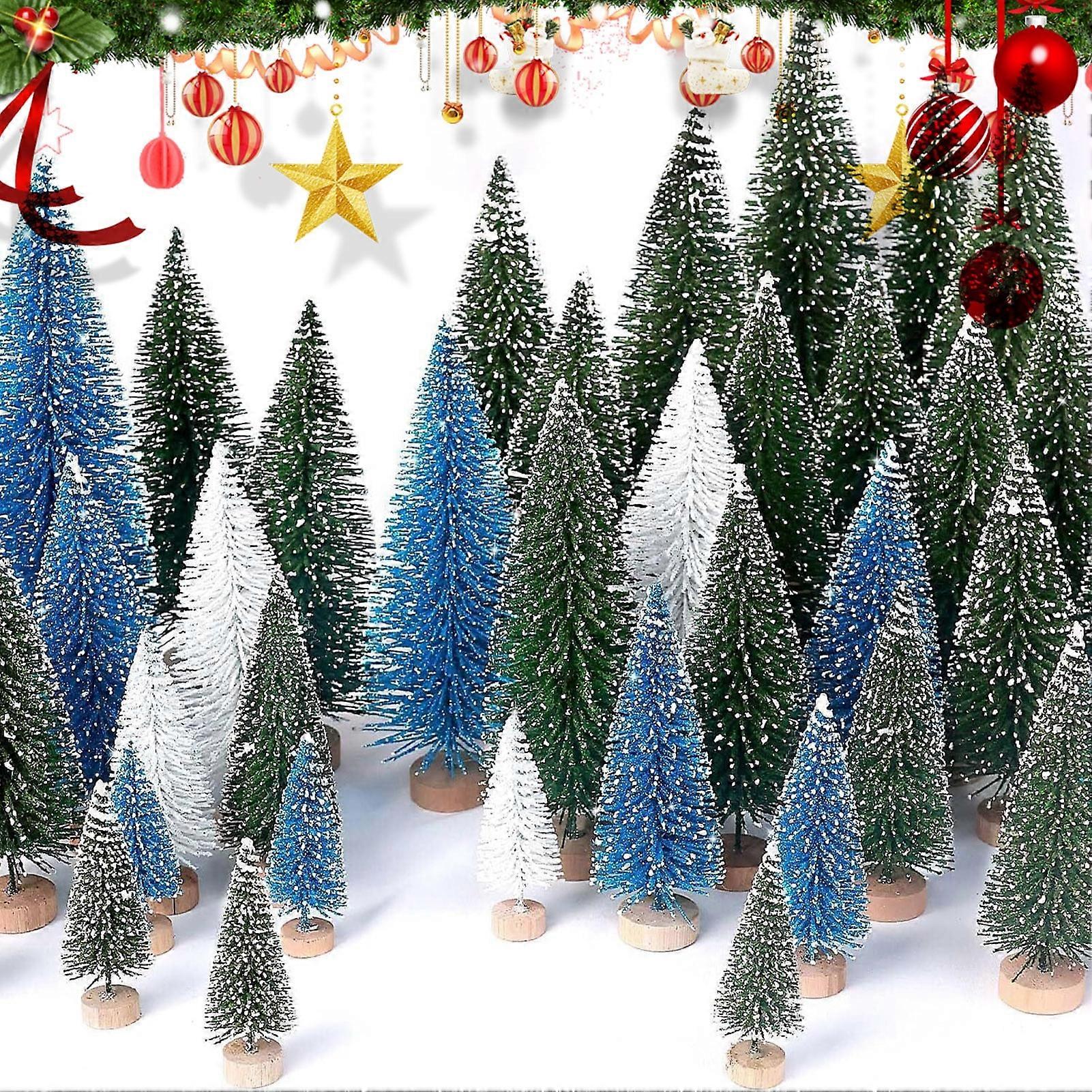 Mini Christmas Trees Set with Wooden Base, Bottle Brush Artificial Xmas Tree Figurines for Home Office Party Decor, Compatible with Style A