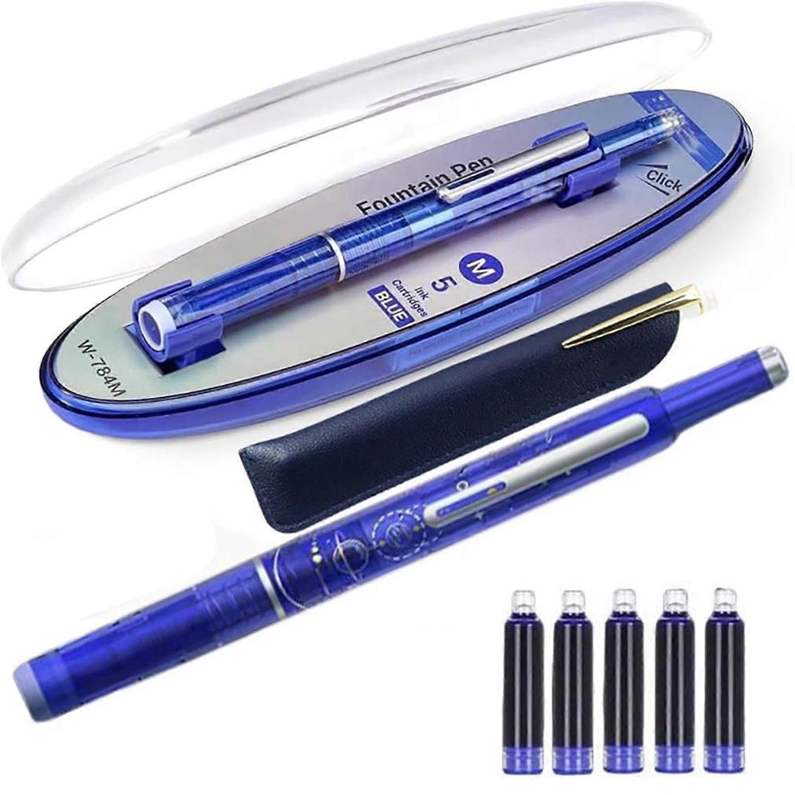 Mengxi Fountain Pen Retractable 0.38mm Blue Ink Transparent Barrel Fine Nib Fountain Pen Set with 5 Refillable Cartridges for Writing