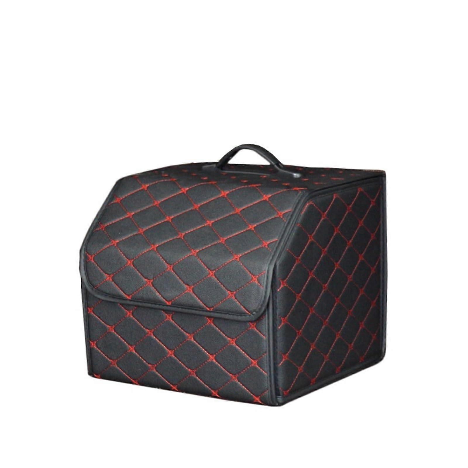 Car Trunk Organizer Leather Storage Box with Lid for Car Boot Travel and Road Trips Black Red