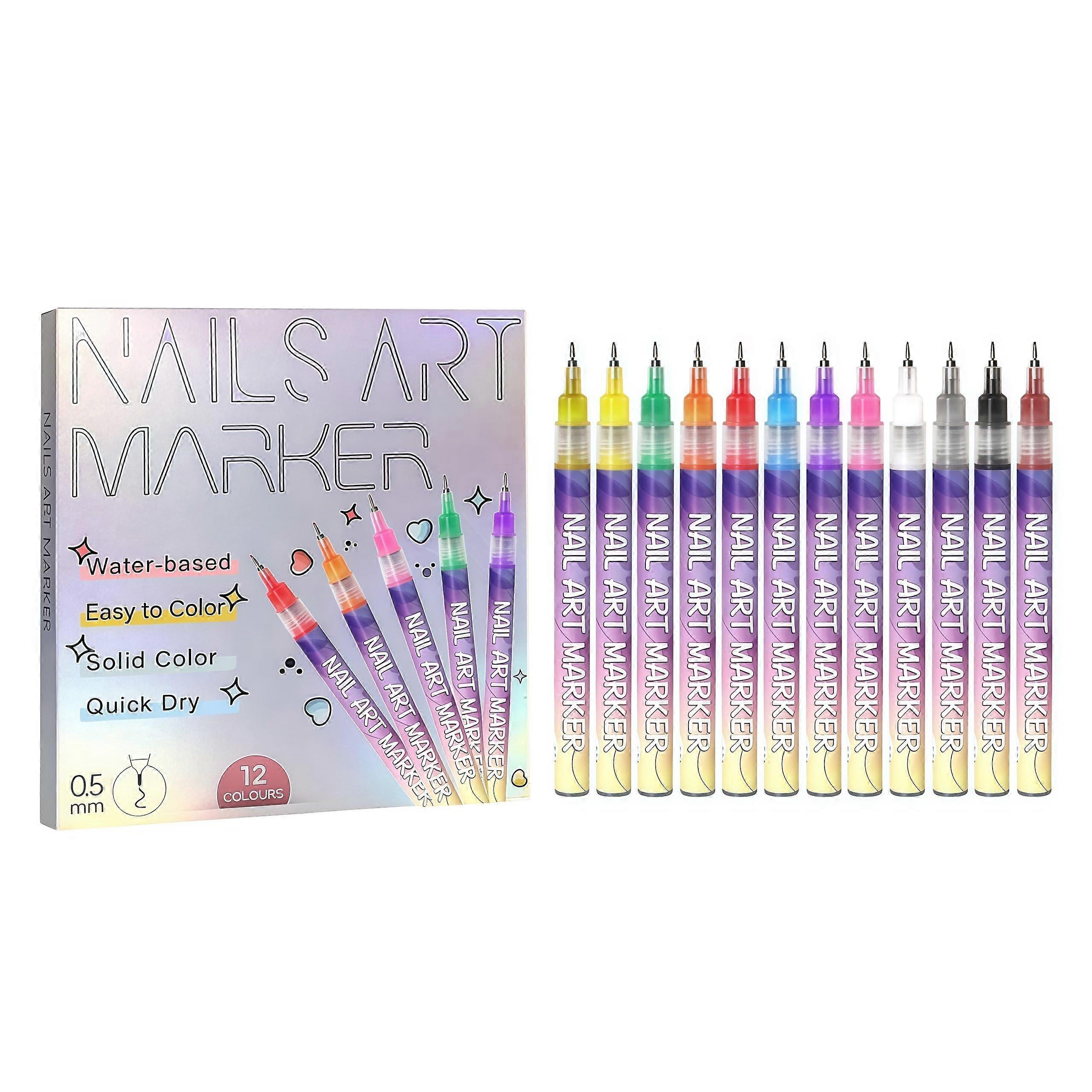Nail Art Pens 12 Color Set with Precision Fine Tip for DIY Gel Nail Detailing and Designs