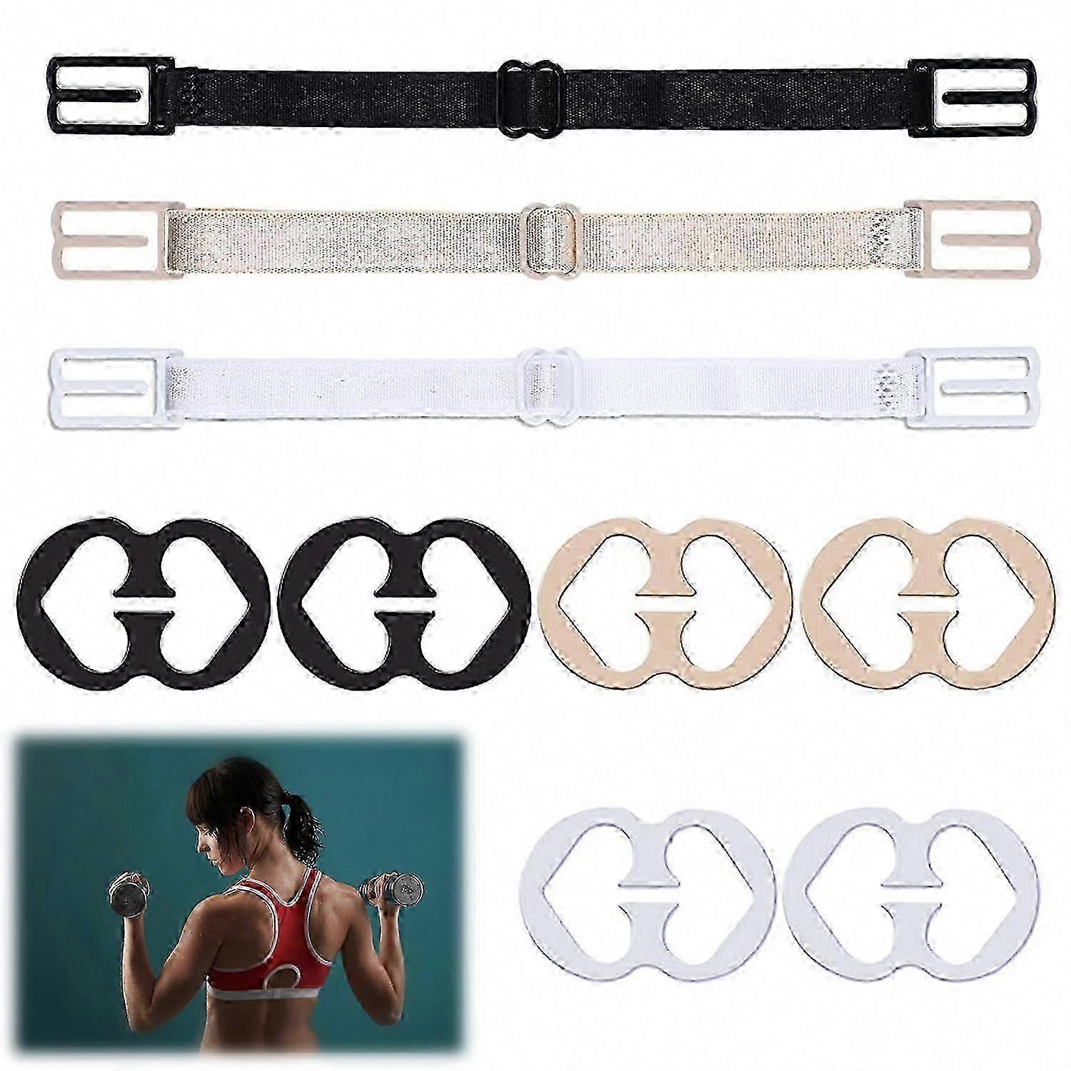 9 Pcs Bra Strap Clips Set - 3 Adjustable Straps & 6 Clips, Soft Comfortable Elastic for All Cup Sizes (Black)