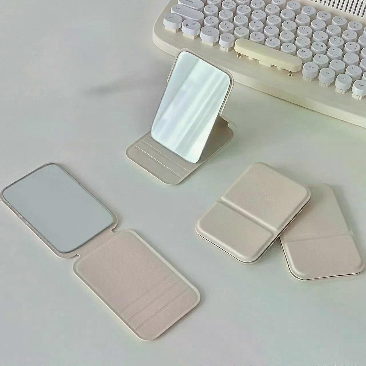 Desktop Makeup Mirror Solid Color PU Leather Simple Portable Handheld Makeup Mirror Foldable Student Compact Cute Pocket Mirror