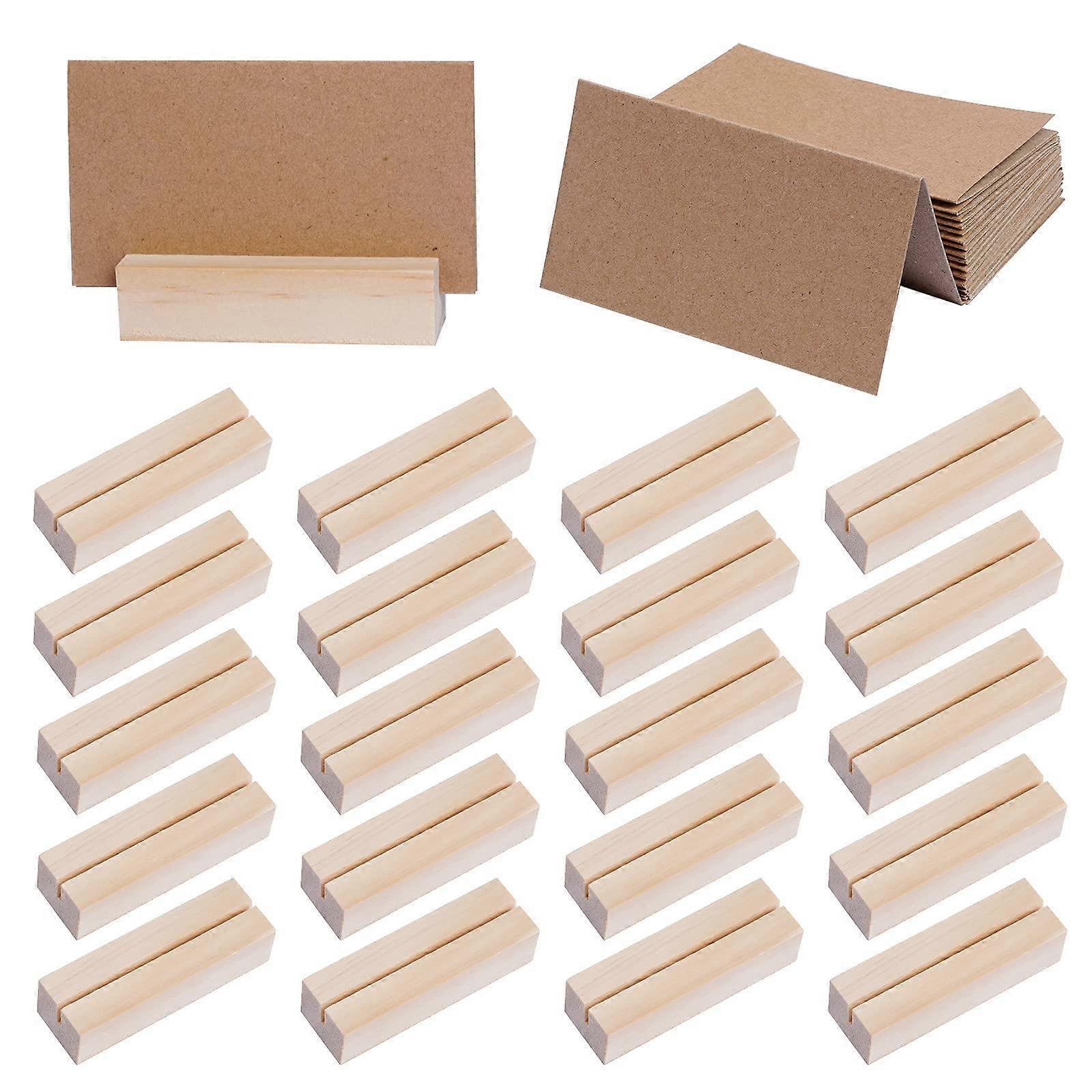 20pcs Rustic Wood Place Card Holders with Brown Paper Cards for Wedding and Party Table Numbers