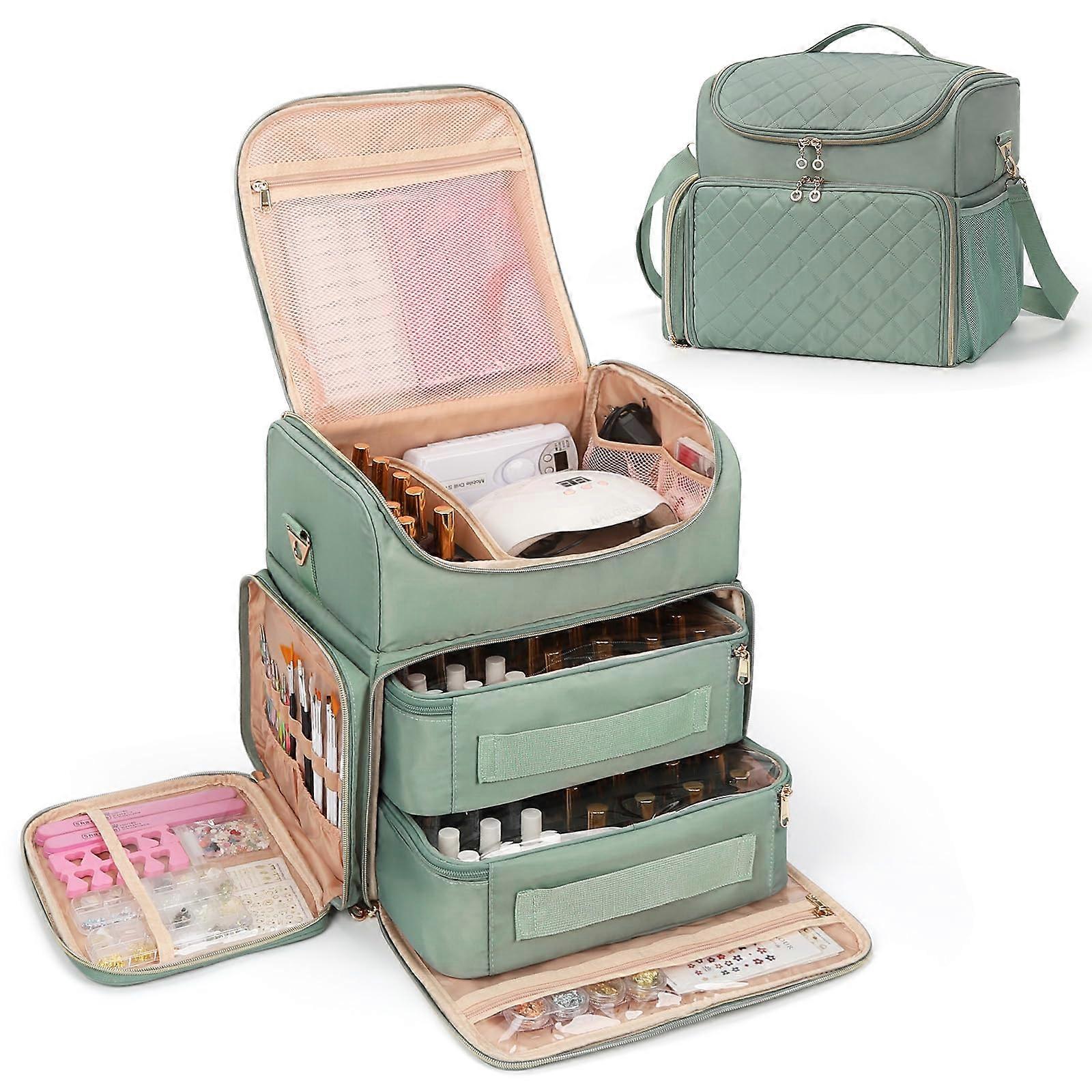 Extra Large Nail Polish Organizer Bag Holds 86 Bottles, Double Layer Storage Case with Removable Inserts, Green