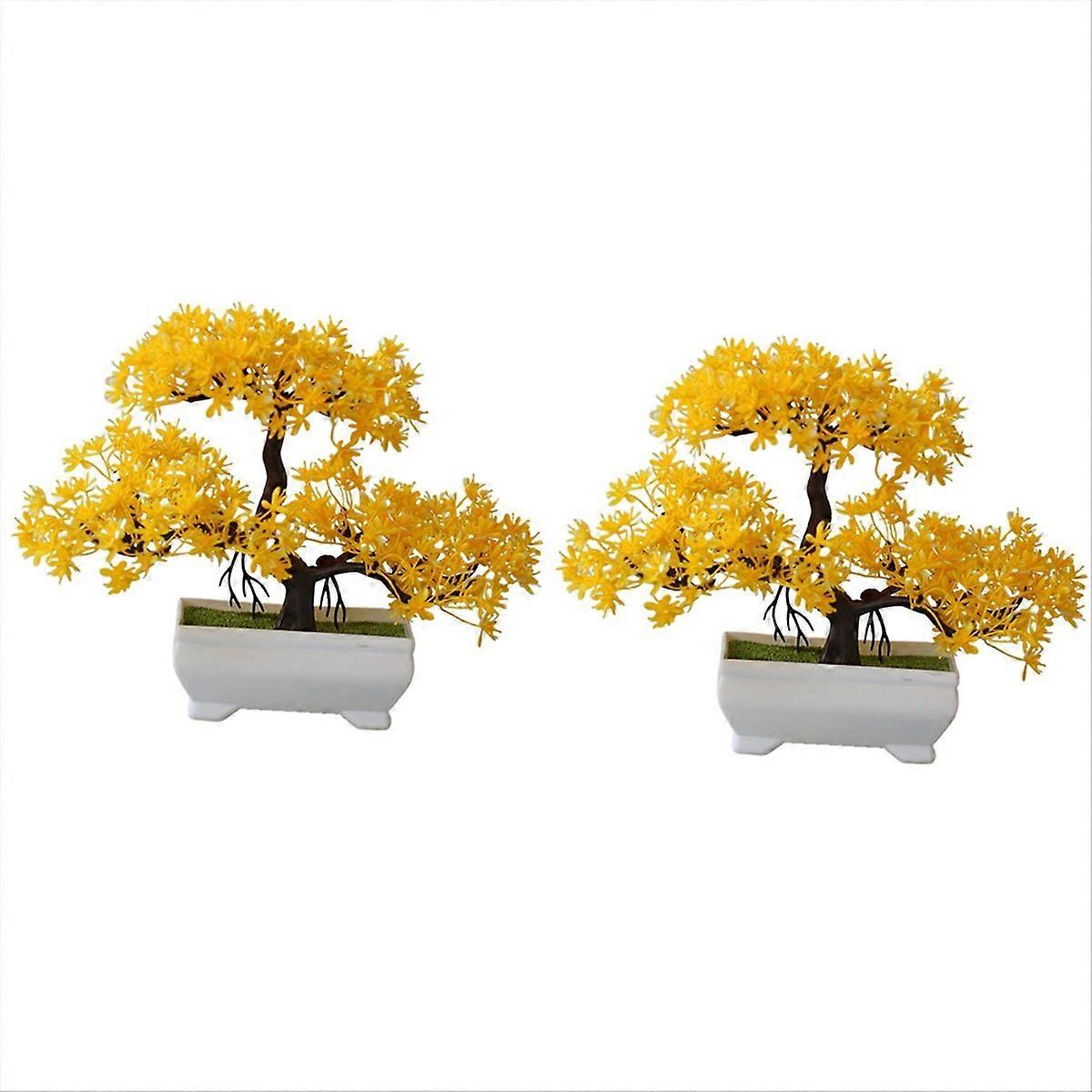 2Pcs Artificial Plant Bonsai Plastic Small Tree Pot,Yellow