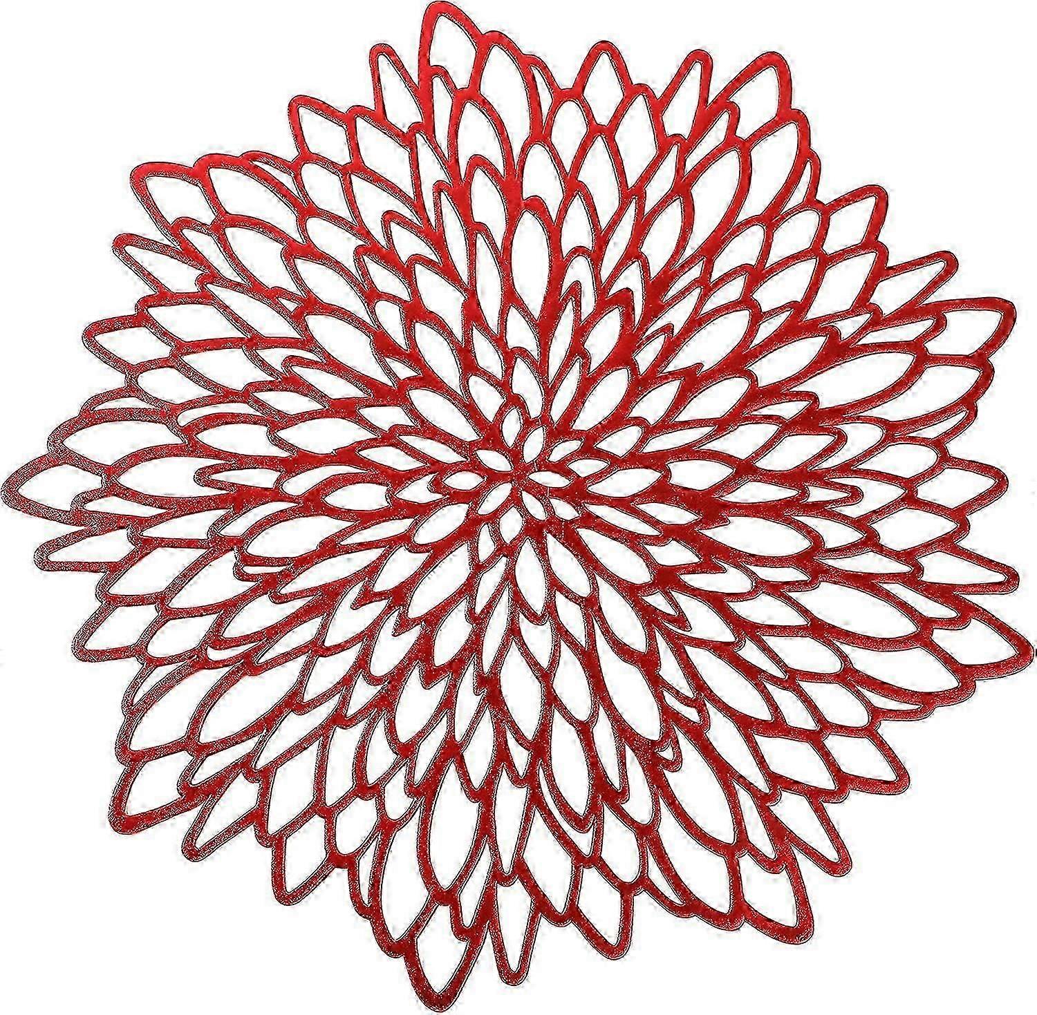 6 Pack Red Metallic Round Placemats with Leaf Pattern for Dining Table Decor
