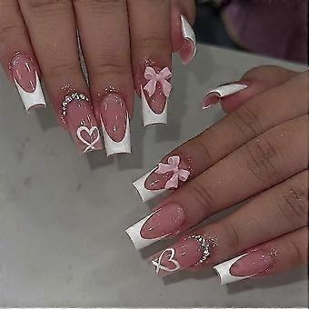 Long Coffin Press On Nails Pink Bowknot French Tip Ballerina Acrylic False Nails Set for Women