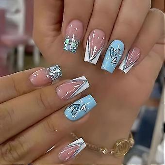 Valentine's Day Press On Nails Coffin Shape Blue Mermaid Glitter French Tips 24Pcs Glue On Set