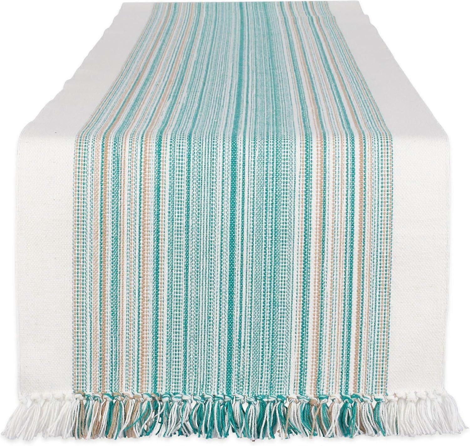 Fringed Stripe Tabletop, Table Runner, 14x72, Teal