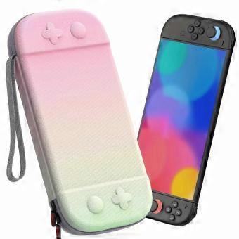 Pink Green Gradient Hard Carrying Case for Portable Gaming Console, Compact Storage with 12 Game Card Slots and Screen Protector Mat
