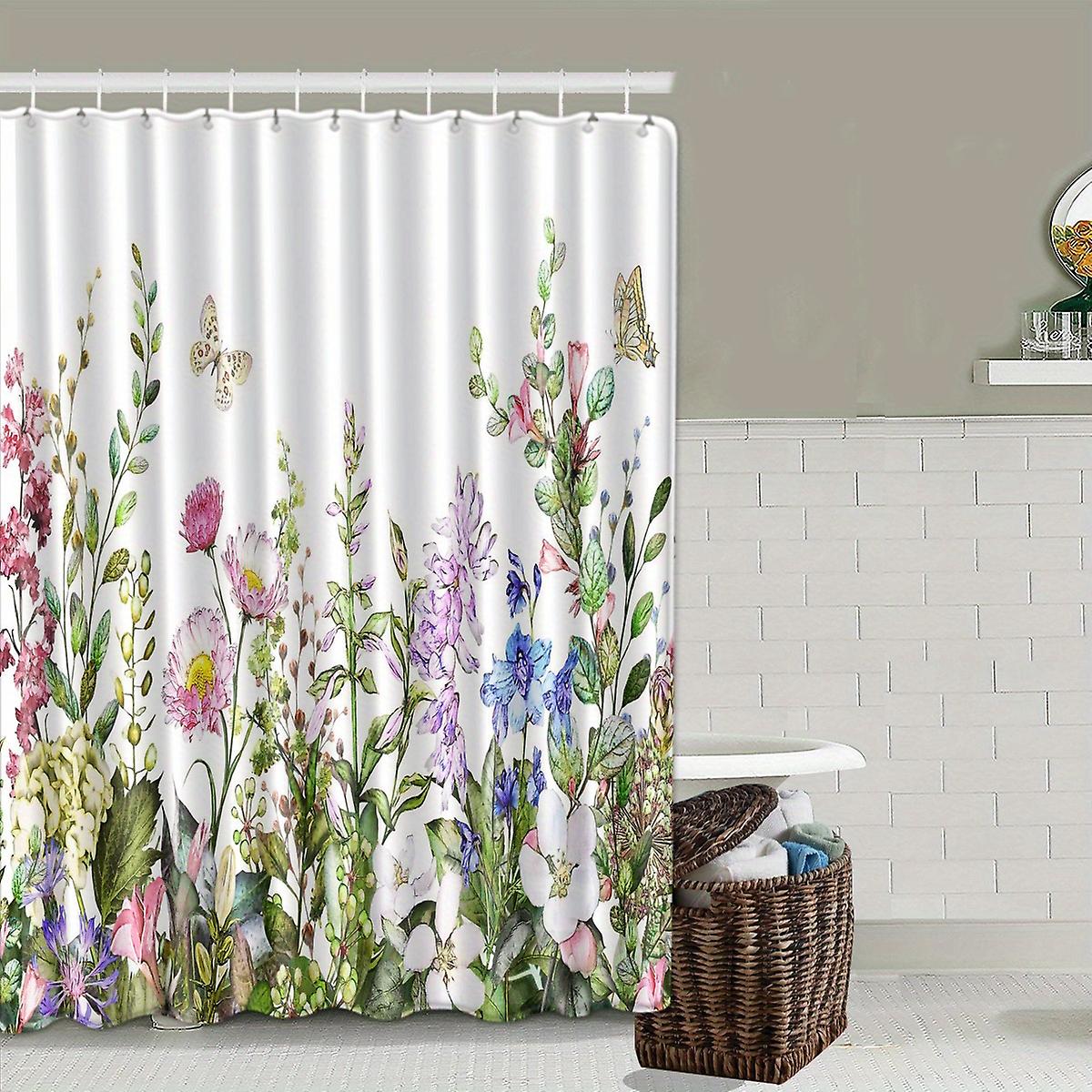 1pc Floral Pattern Waterproof Shower Curtain With 12 Hooks Non-slip Bathroom Rug Toilet U-shape Mat Toilet Lid Cover Pad Bathroom Decor