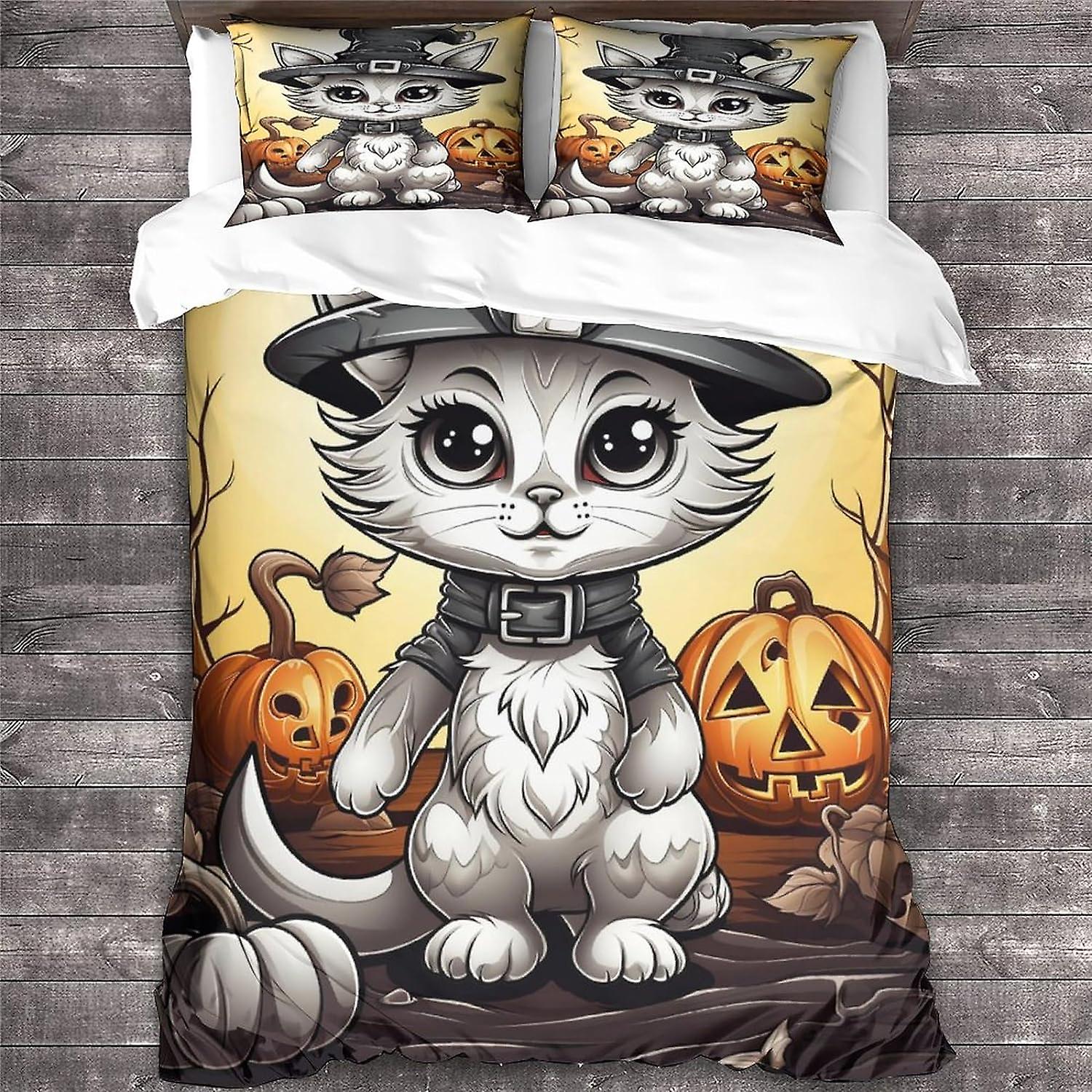 LikeEj Katt Påslakan Set 3D Halloween Mönster Printe Sängkläder Djur Täcke Påslakan Set, Mjuk Microfiber King