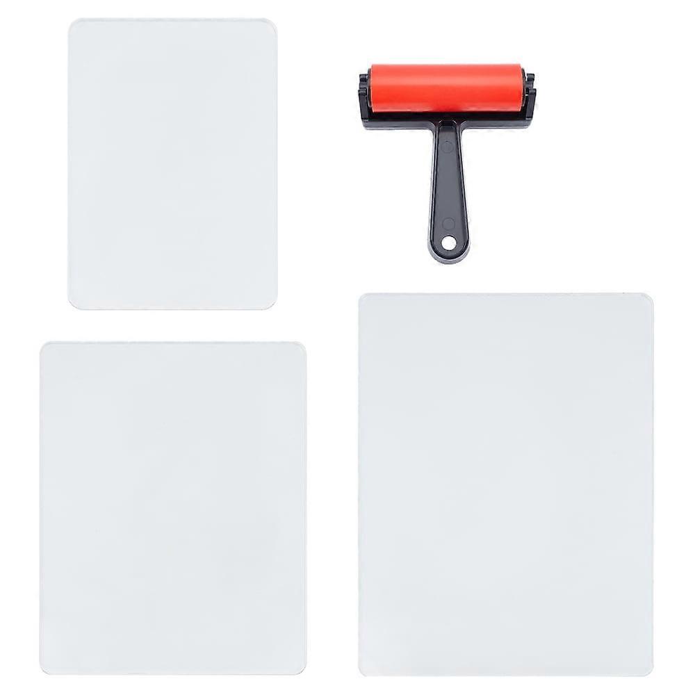 4pcs 3 Style Acrylic Board Flat Rectangle Board and 1 Style Rubber Roller Brush Press Printing Plate
