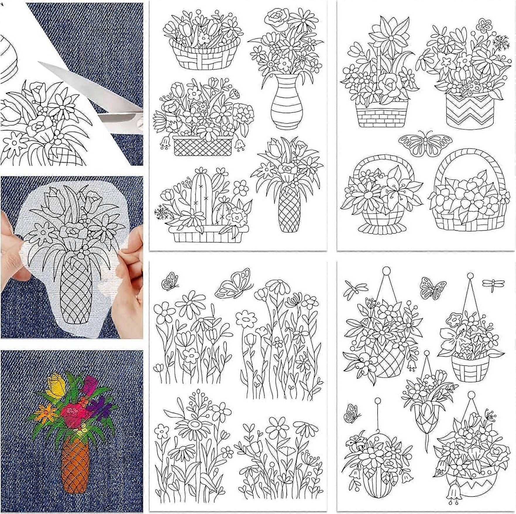 4 Sheets Flower Basket Pattern Water Soluble Hand Sewing Stabilizers for Fabric Embroidery Stitch Practice Embroidery