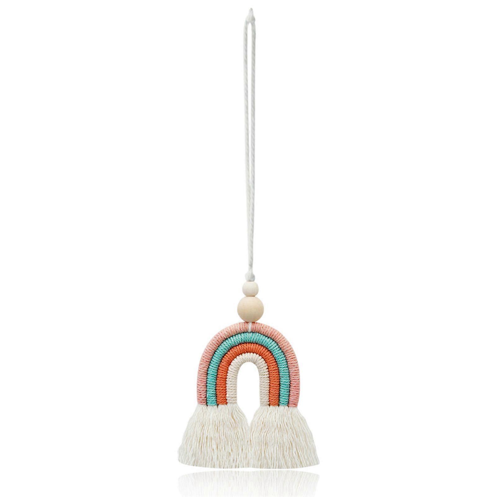 Rainbow Tassel Car Charm Handmade Car Rearview Mirror Hanging Accessories with Wooden Beads Diffuser xi