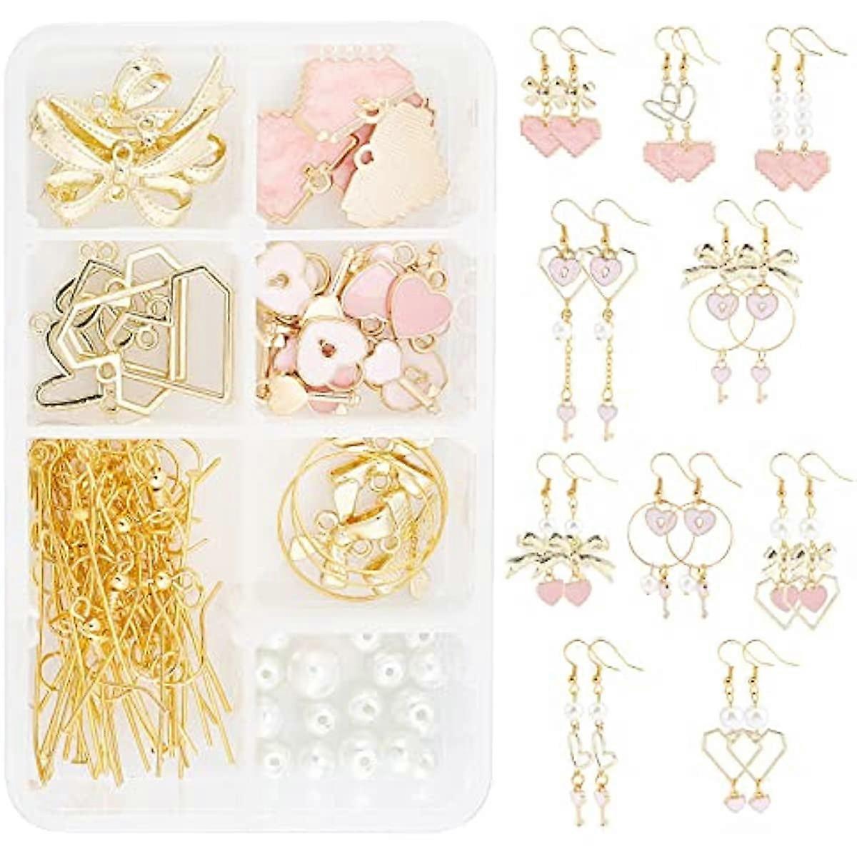 Make 10 Pairs Pink Heart Dangles Earring Making Kit Heart Pendants Charms Glass Pearl Beads with Earring Hooks for Women Beginners DIY Jewelry Making