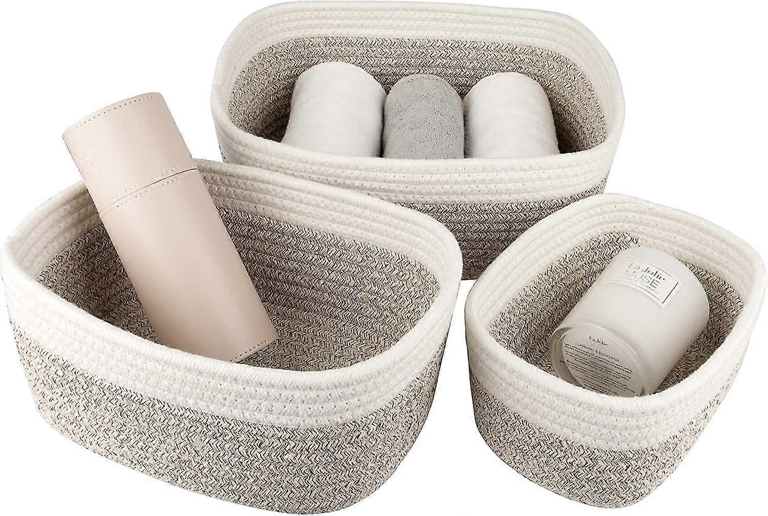 La Jole Muse 13.5cm Woven Cotton Storage Basket, Set Of 3 Multipurpose Stackable Baskets, White And Tan
