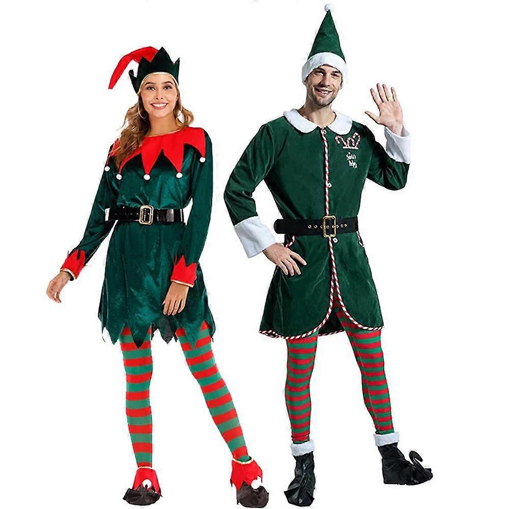 デラックスサンタクロースヘルパーコスプレ女性ドレスグリーンクリスマスエルフコスチューム大人クリスマスワークショップ新年の衣装男性