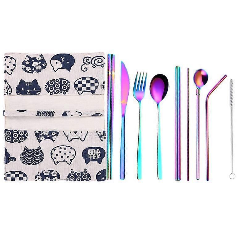 New 9 Pcs/Set Portable Stainless Steel Cutlery Set Knife Fork Spoon Straw With Cloth Pack Kitchen D