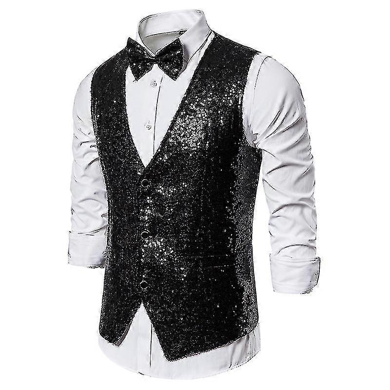 Erkek Payet Yelek Parlak Takım Elbise Yelek V Yaka Parti Elbisesi Bowtie ile Yelek