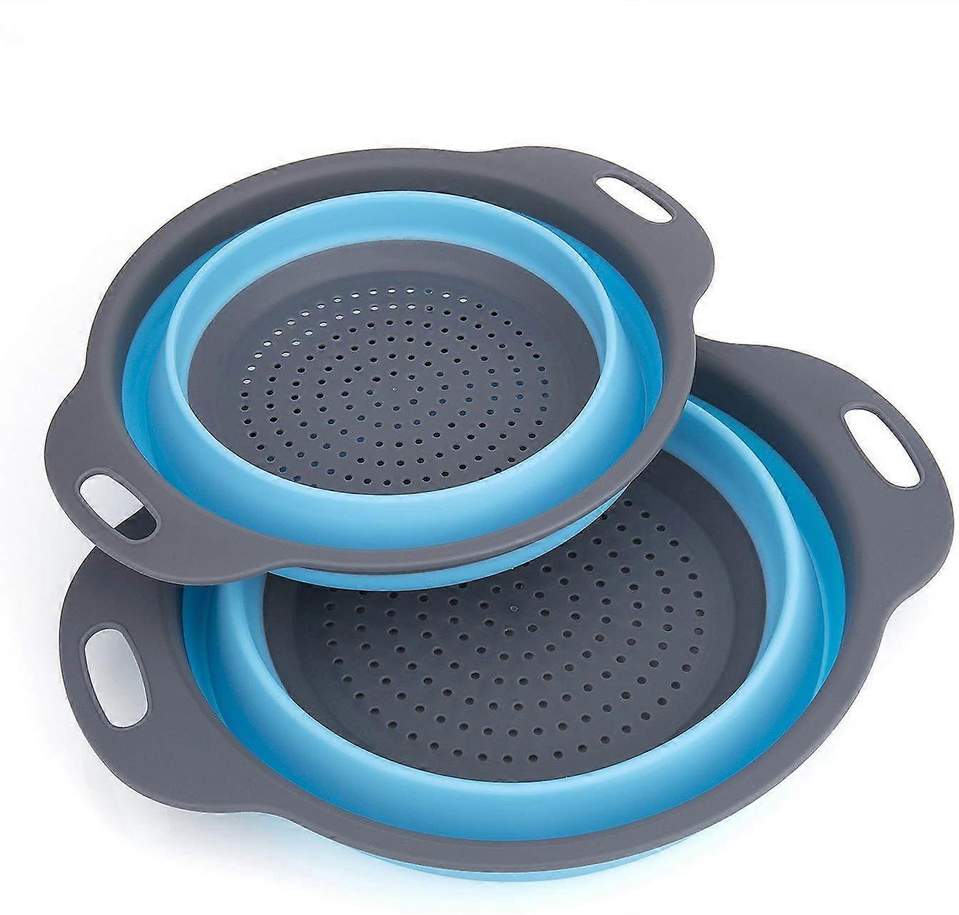 Collapsible Colander,2 Piece Collapsible Colander Silicone Collapsible Noodle Colander Collapsible Silicone Filter Vegetable Fruit Basket (Blue)