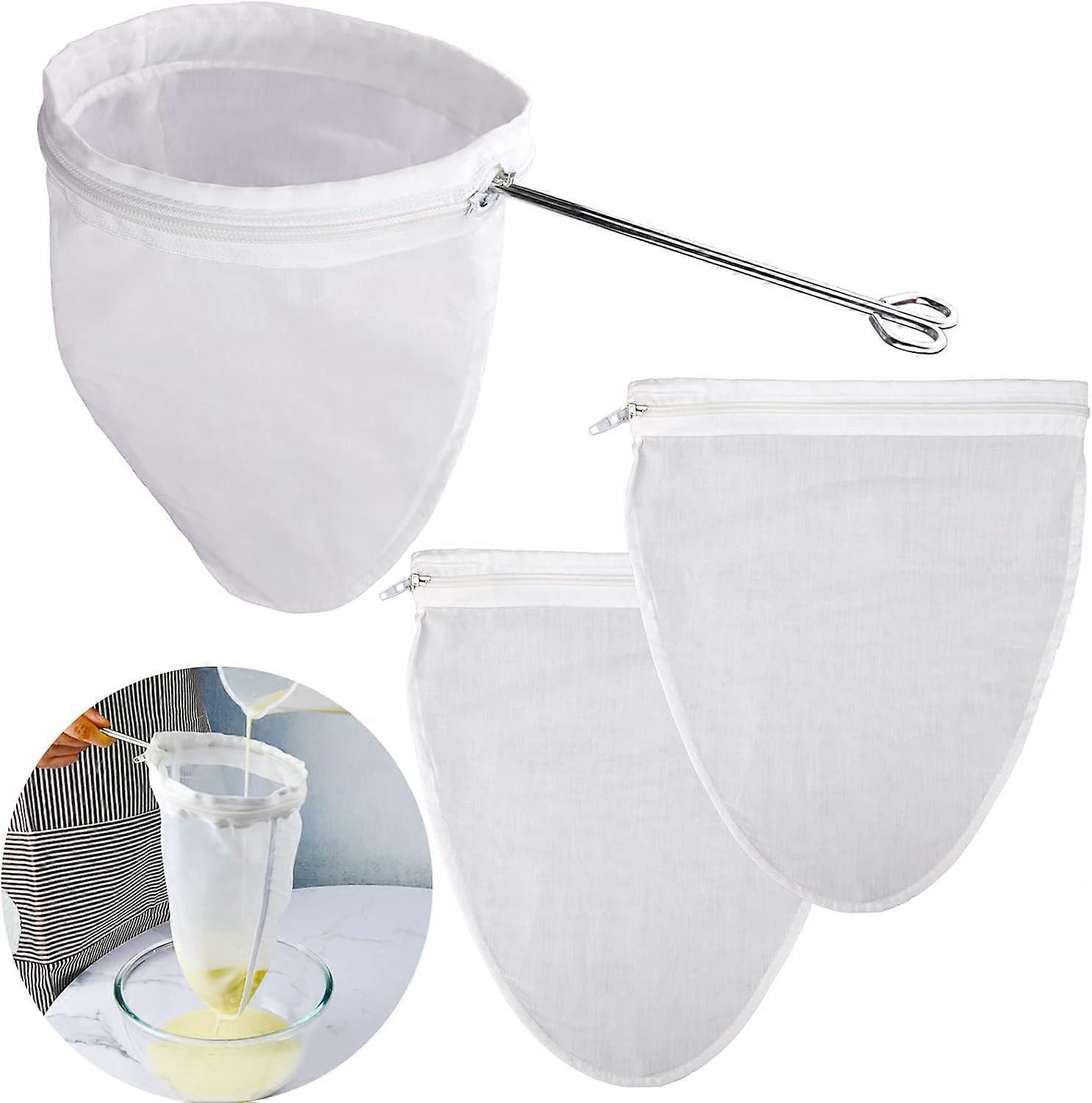 Ultra Fine Reusable Filter Bags with Stainless Steel Handle for Nut Milk, Coffee, Milk, Butter, Juices and Fresh Cheese