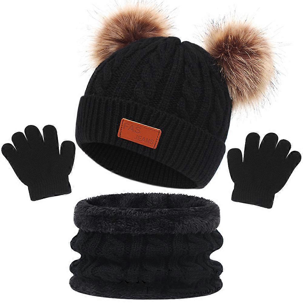 3 Adet Bebek Çocuk Kış Sıcak Ponpon Örme Bere Şapka + Polar Astarlı Boyun Isıtıcı Eşarp + Eldiven Seti 1-5 Yıl