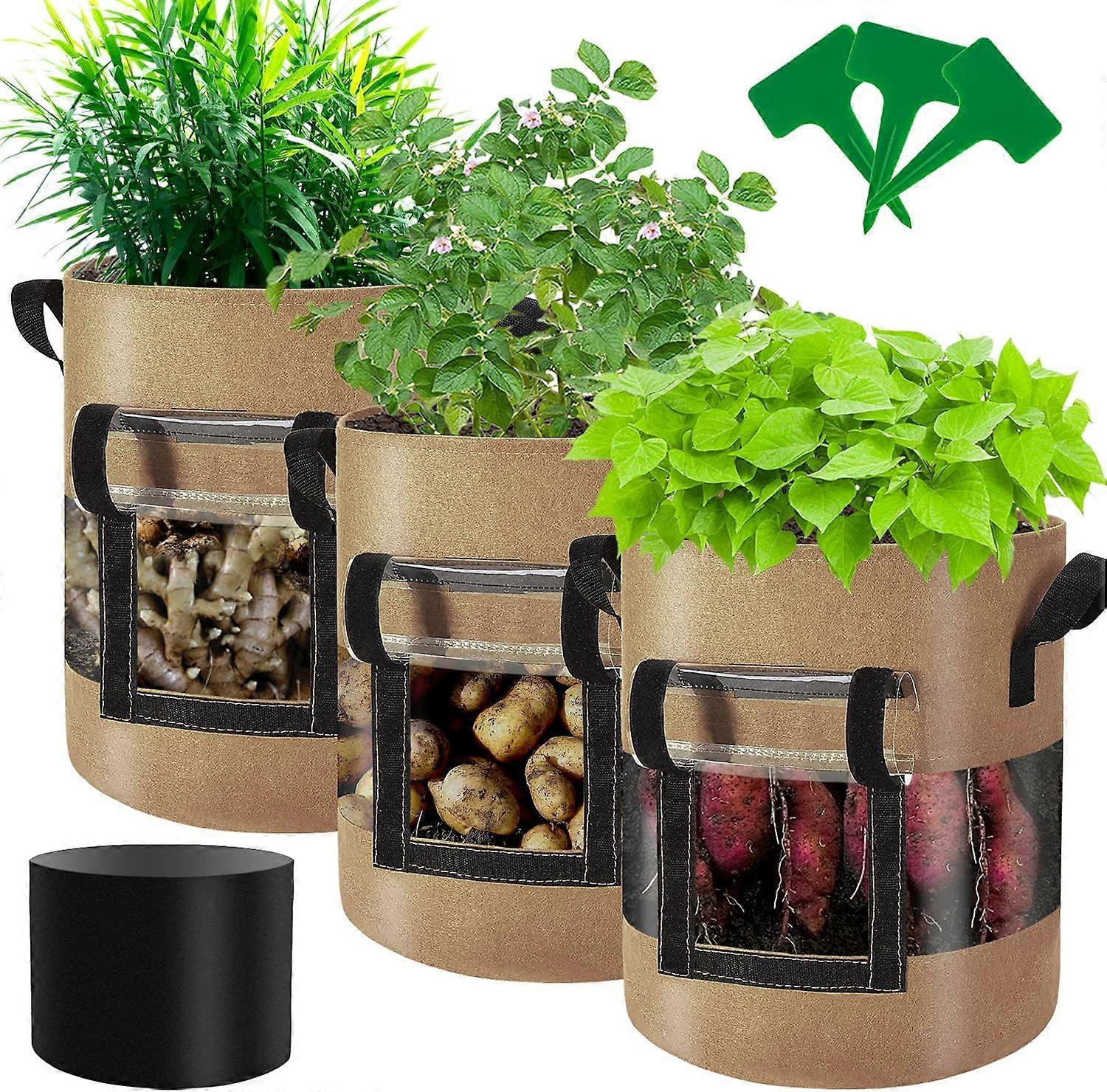7 Gallon Strawberry Sweet Potato Visible Grow Bags with Flap Window, 3-Pack, Heavy Duty Thick Aeration Non-Woven Fabric Pots with Handles, Come with 3