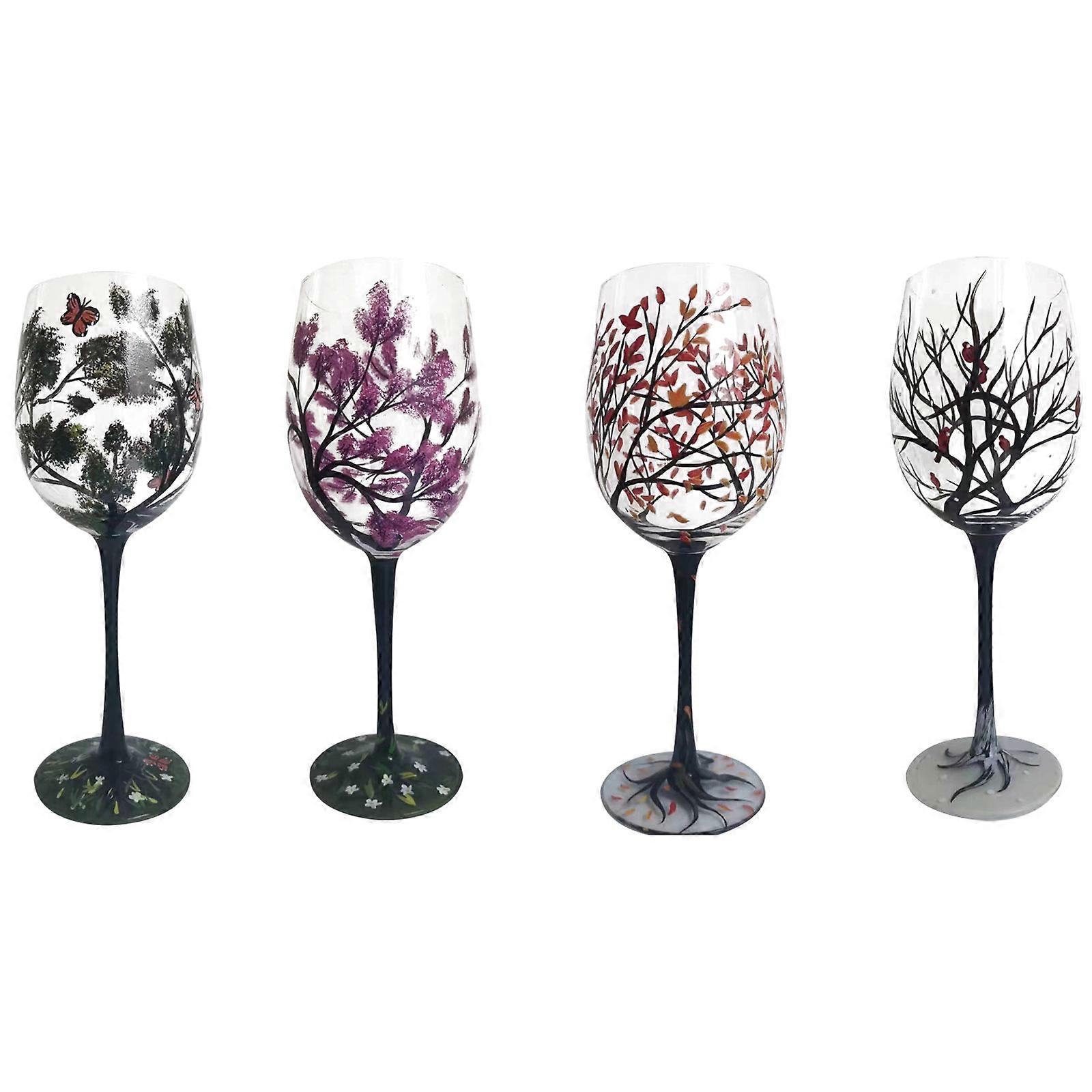 Confezione da 4 bicchieri da vino dipinti a mano con albero quattro stagioni, bicchieri da vino colorati con foglie autunnali e fiori, per cocktail di vino, regalo per compleanni, matrimoni, San
