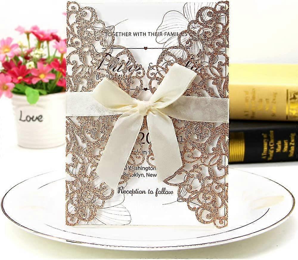 25pcsキラキラフローラルレーザーカット結婚式の招待状カードセット5.2 "x 7.17"、封筒、空白のインナーシートとリボン、ブライダルシャワー用、婚約者