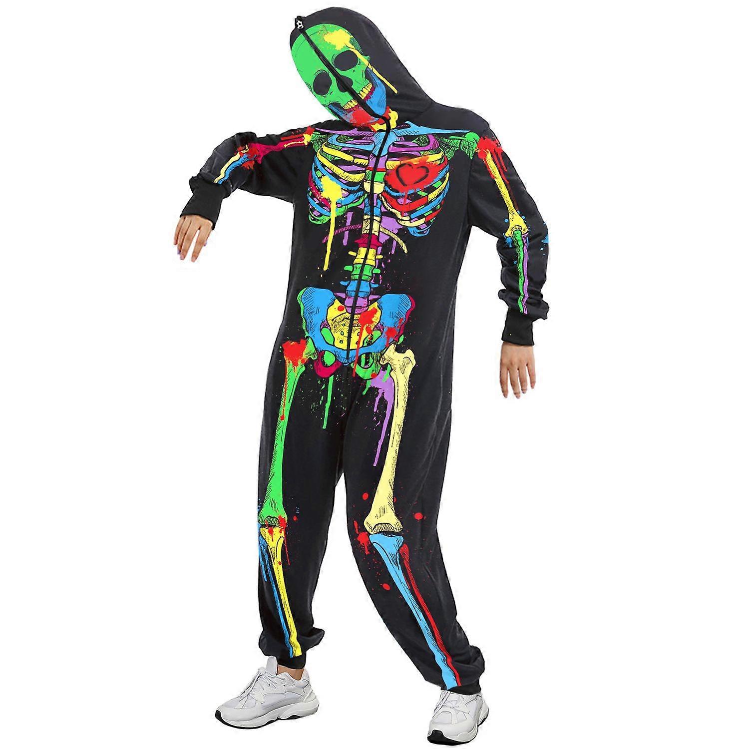 Halloween Skeleton Costume for Men Women,Front and Back Print with Zip Up Mask
