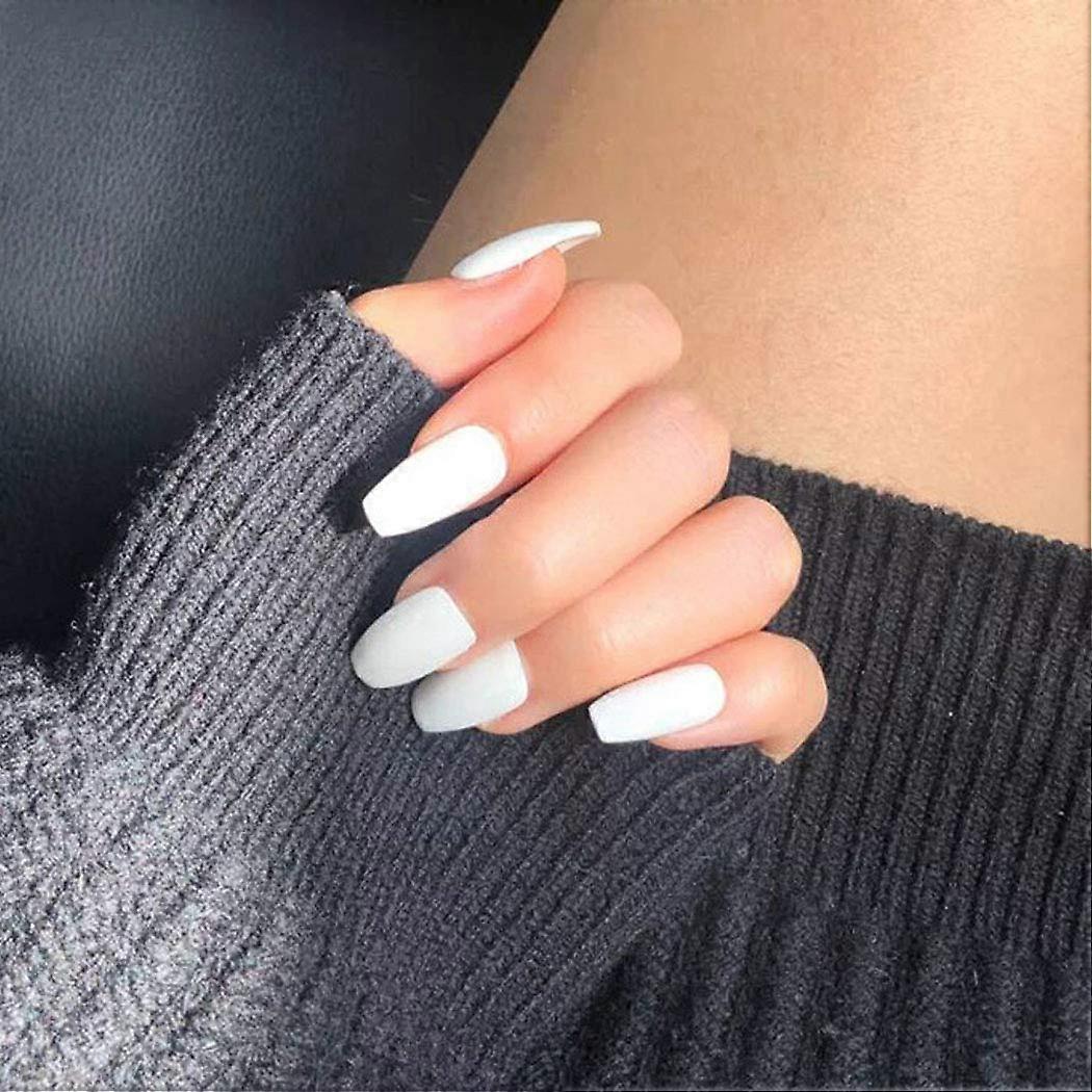 24ピースマット棺つけ爪ロングピュアカラー人工フルカバープレスフェイクネイルチップ12サイズ、ホワイト