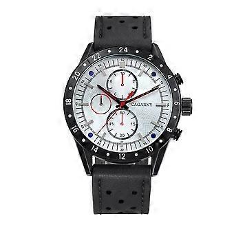 CAGARNY 6828 Fasjonabel Multifunksjonell Stil Kvarts Sport Armbåndsur Med Lærbånd & GMT Tid & Kalender & Lysende Skjerm For Menn
