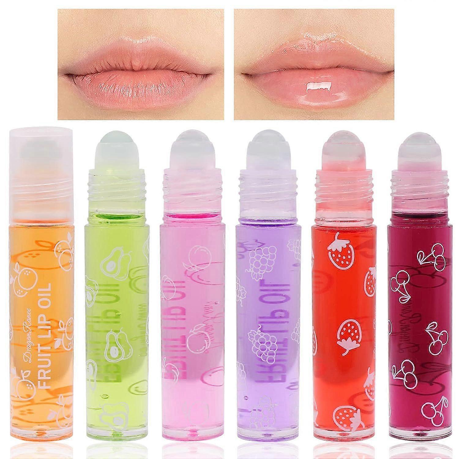 Set von 6 Glitter Lipgloss Roll On Farbloser Lipgloss Transparenter Lip Shiner Roll-On Lipgloss Set Fruchtig Feuchtigkeitsspendendes Lippenöl Sheer Glossy Liquid L