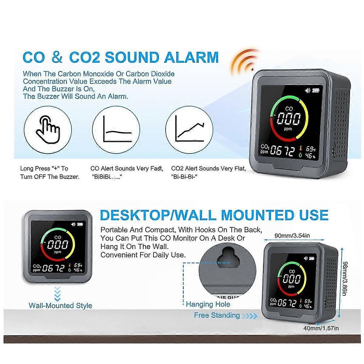 4-in-1 Carbon Monoxide Detector,portable Carbon Monoxide Carbon Dioxide Monitor Air Quality Monitor