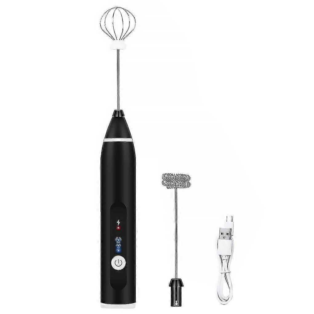 Electric Milk Frother Rechargeable Egg Beater 3 Speed Foam Maker Handheld Whisk Drinks Mixer, Black USB Cable