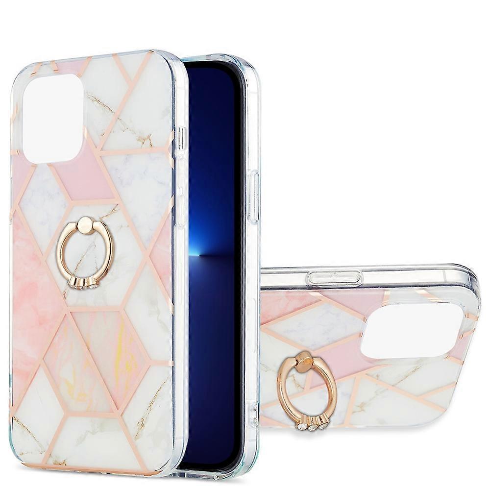 For iPhone 13 Pro Electroplating Splicing Marble Pattern Dual-side IMD TPU Shockproof Case with Ring Holder
