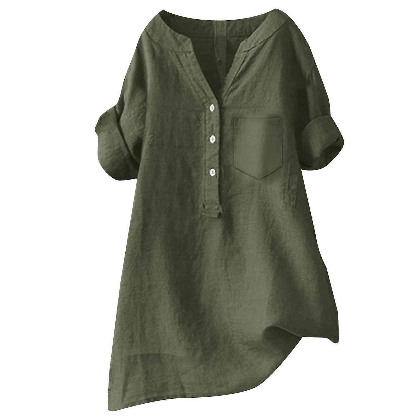 Damen Solid Color Linen Short Sleeve Button-Up Shirt Top, Chic Elegant Style in Green, Size M