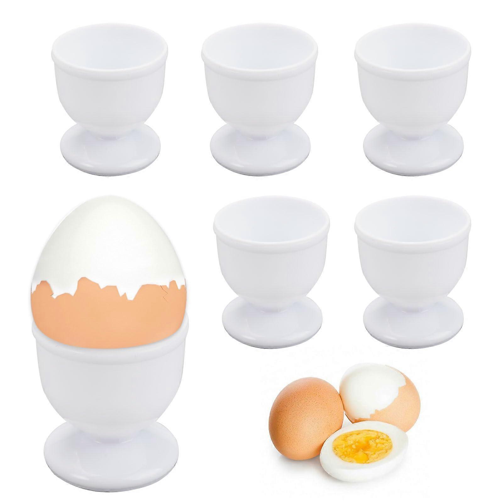 Set of 6 Round Plastic Egg Cups, White, Stackable, for Hard and Soft Boiled Eggs