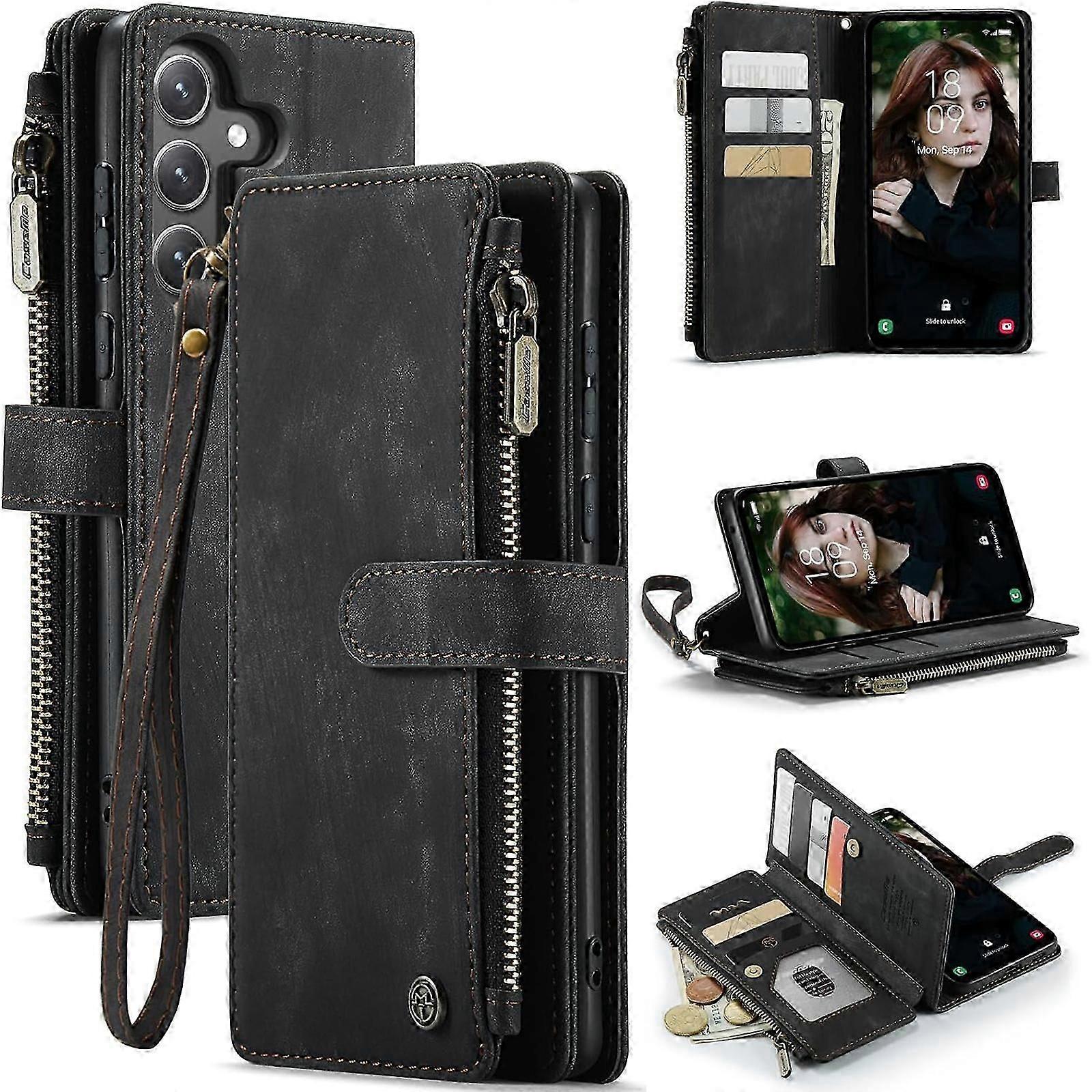 لحقيبة محفظة Samsung Galaxy S24 Plus مع حامل بطاقة ، جراب قوي من جلد البولي يوريثان للنساء للرجال مغناطيسي فليب سستة حزام معصم مسند هاتف كاس