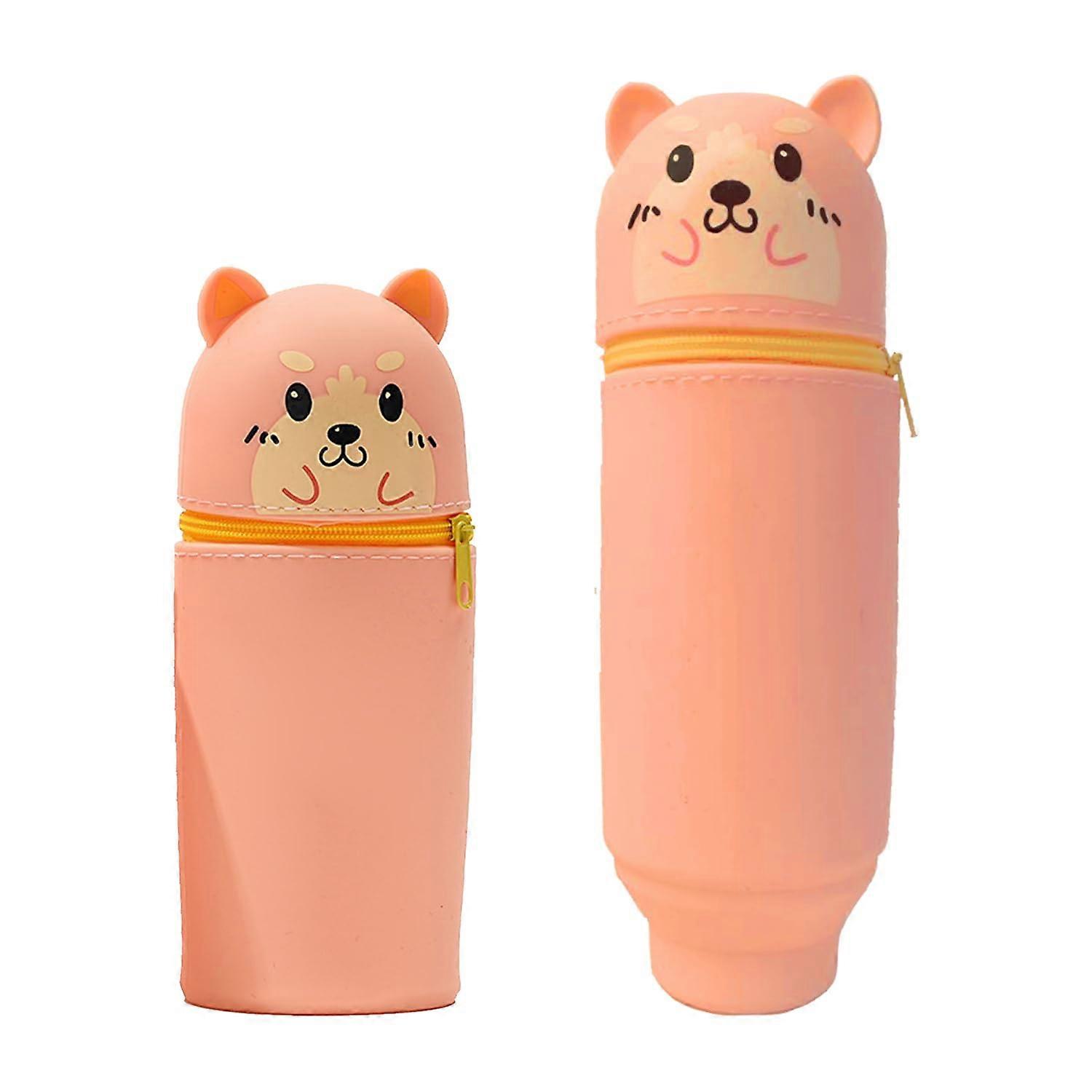 2 in 1 Soft Silicone Pencil Case Dog Design, Zippered Pencil Case And Desk Pen Holder, Orange