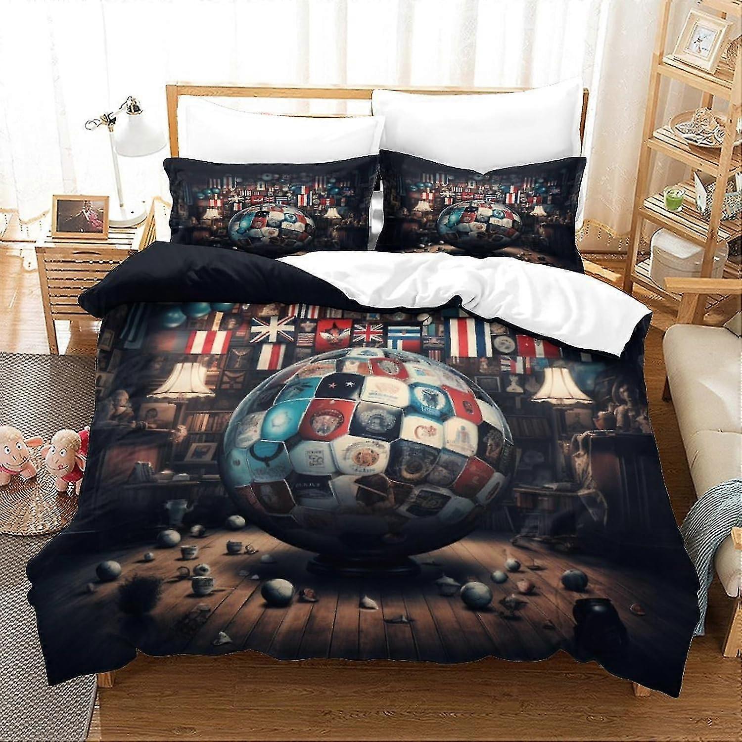 Football Duvet Cover Set for Kids with Tree Branches and World Flag Design, Includes Duvet Cover and Pillowcases