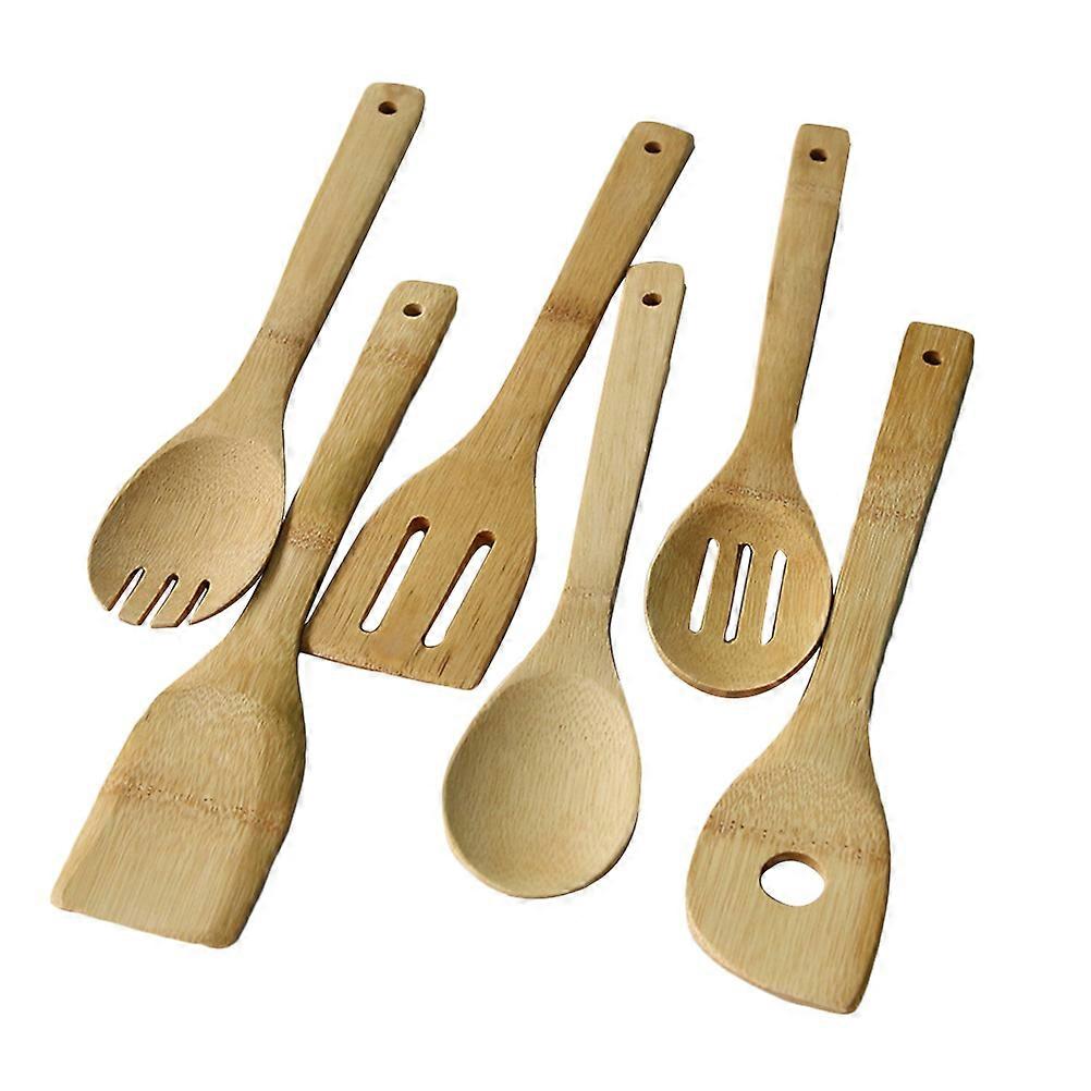 Brown Wooden Spoons and Spatula Set for Cooking Use 6pcs Uncoated Kitchen Tools Made of Timber