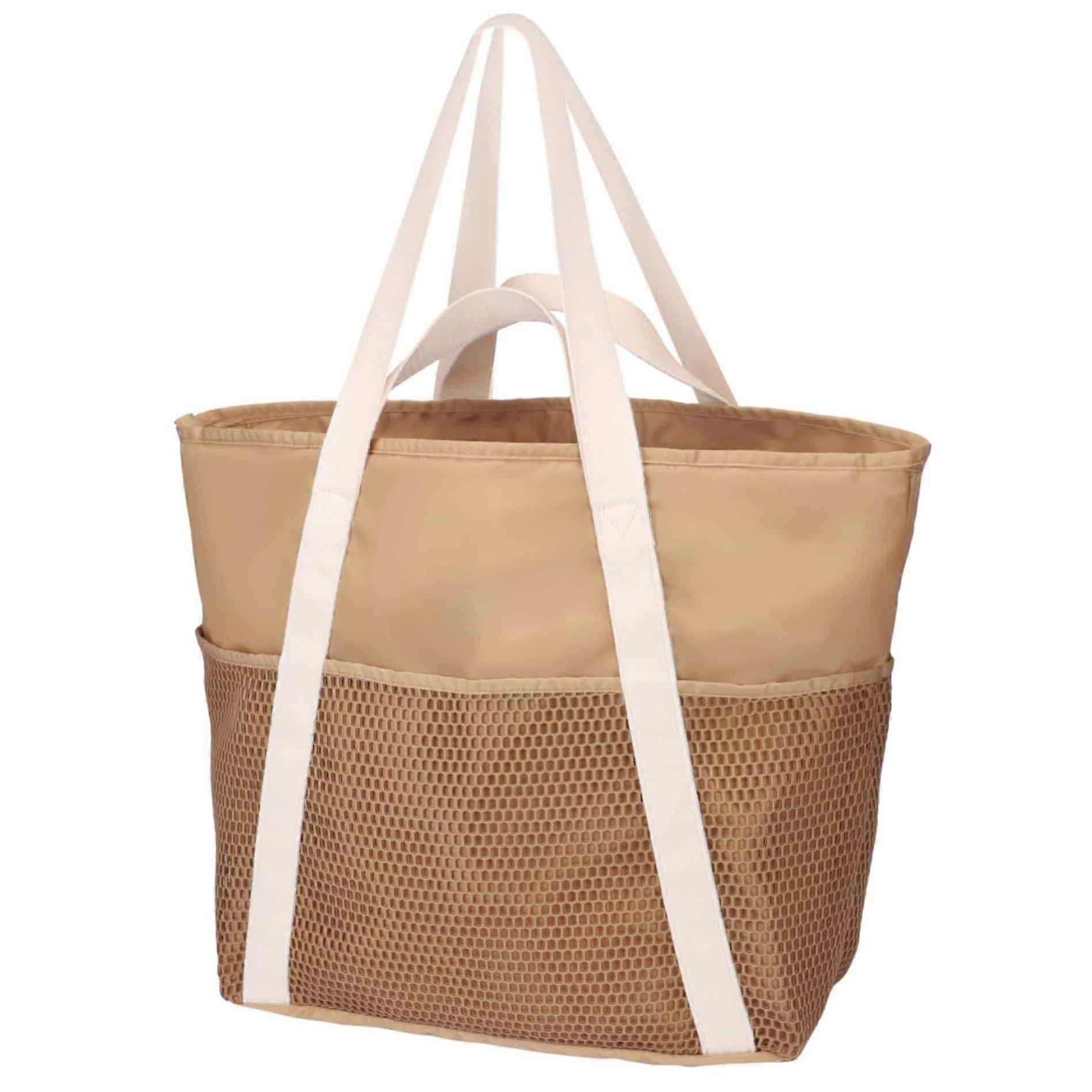 Strandbeutel 8 Pockets Large Capacity Mesh Beach Bag Machine Washable Sandproof Waterproof with Zipper for Pool Trips Khaki, Summer