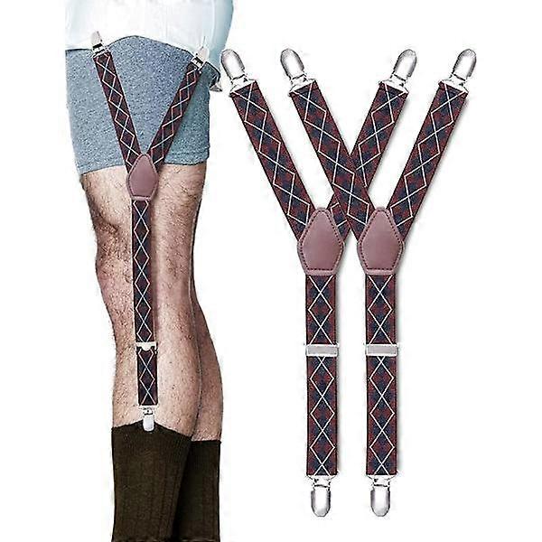 Men's Suspenders - Navy Blue and Red Plaid with Non-Slip, Height-Adjustable Straps