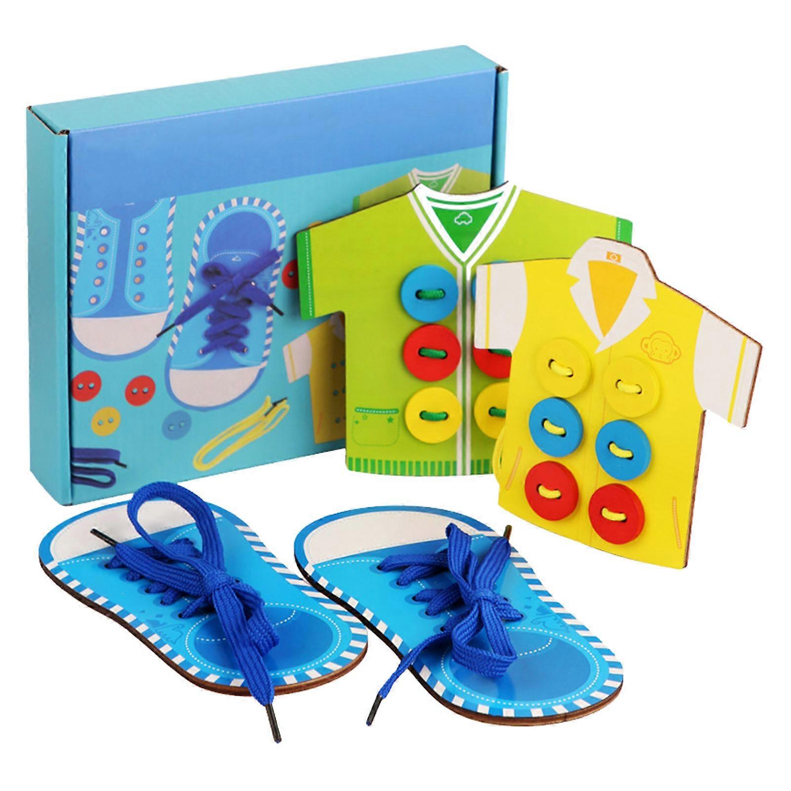 Kids Threading Game Wooden Lacing Game Wooden Clothes Shoes Lacing Toys Kit Early Learning Fine Motor Skills Boys Type