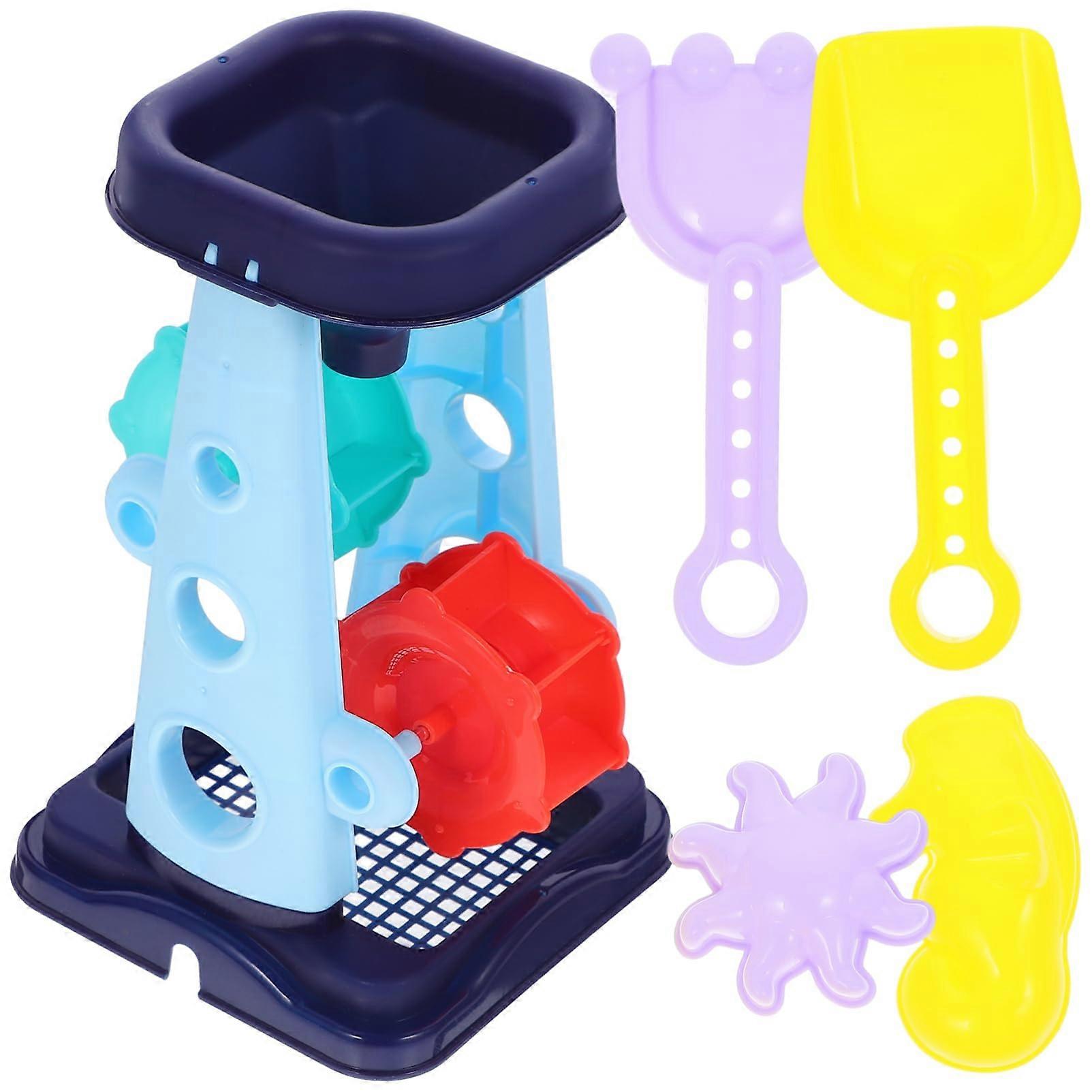 5-Piece Interactive Beach Toy Set for Kids with Sand Trolley, Hourglass, Shovel, and Bucket in Blue
