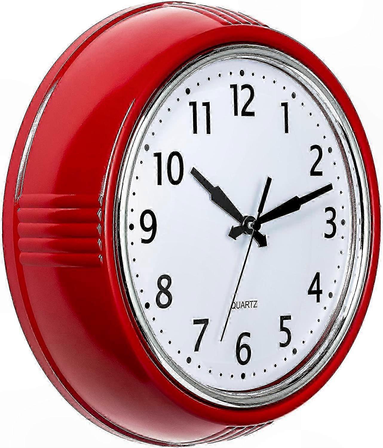 Vintage Red Wall Clock 10 Inch Silent Quartz Analog Kitchen Timer with Retro 50s Style Non-Ticking Battery Powered Round Decoration for Home