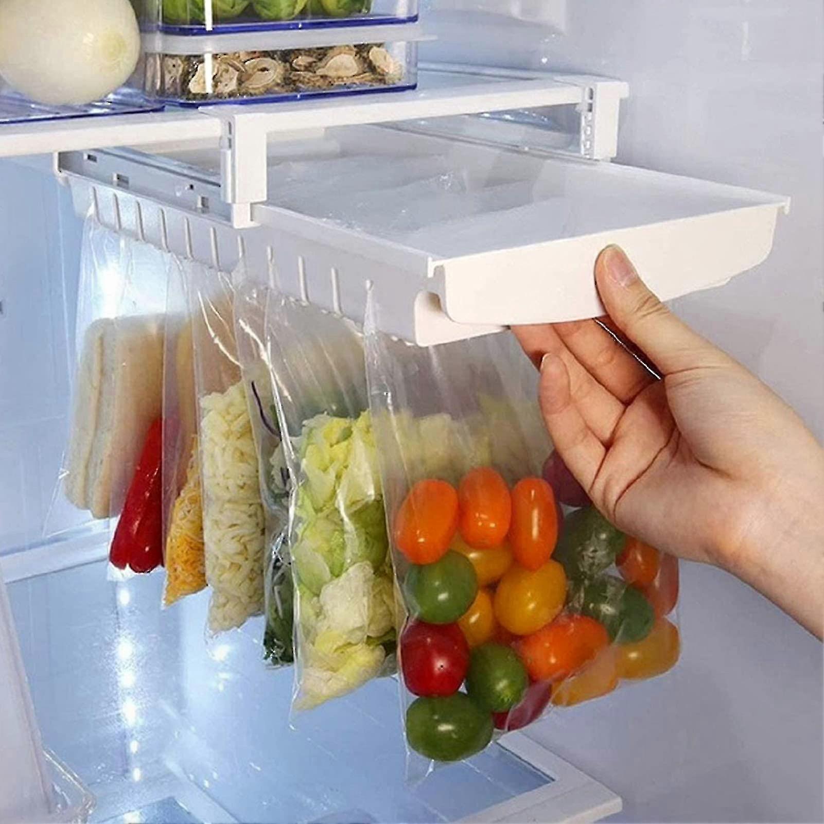 Adjustable Kitchen Fridge Storage Rack with Clips for Bag Organization Hanging Shelf Holder